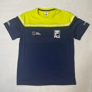 FILA Mens Large T Shirt Neon Yellow Blue Montreal Banque Nationale Tennis Rogers